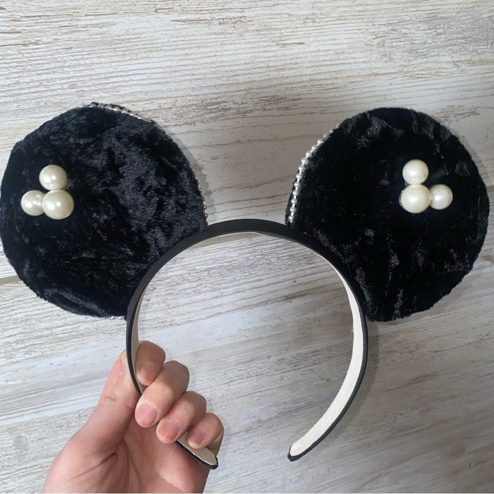 Home made black velvet Mickey ears with pearls